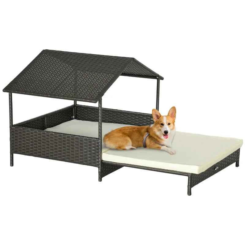 PawHut Extendable Elevated Dog Bed, Rattan Dog House, with Water-Resistant Roof, Removable Cushion, for Small, Medium Dogs-0