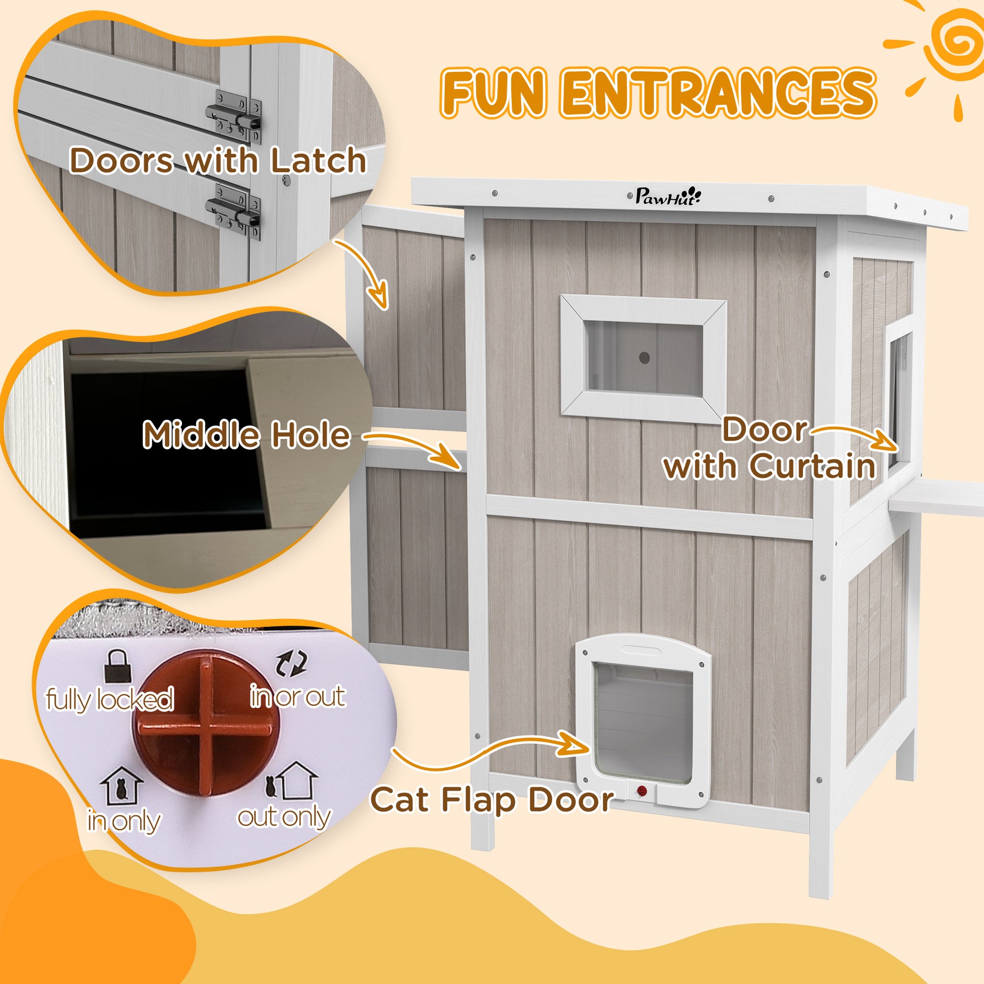 Outdoor 2 Tiers Wooden Cat Shelter w/ Removable Bottom, Escape Doors, Asphalt Roof, for 1-2 Cats - Light Grey | PawHut-3