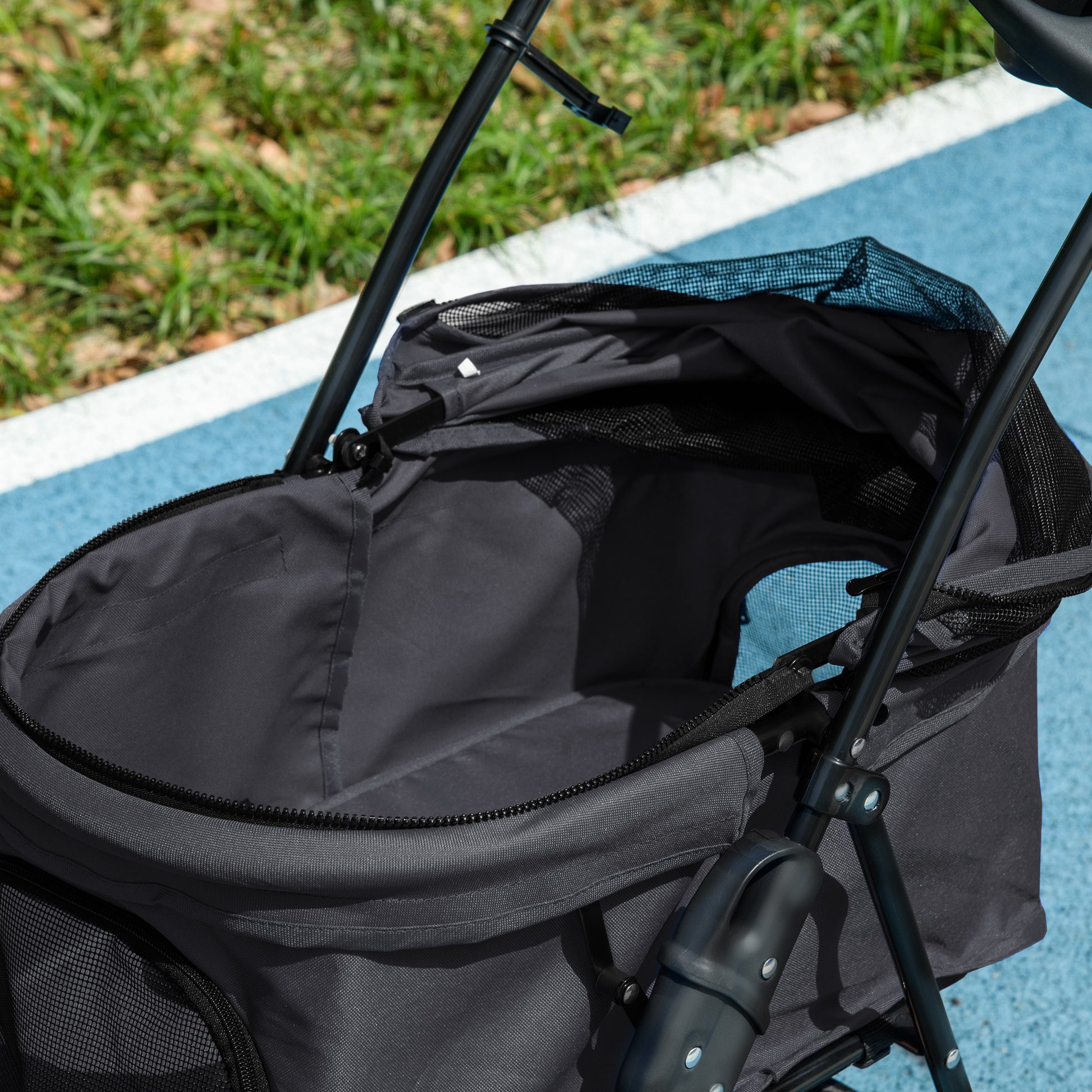 PawHut Pet Stroller, Foldable Cat Dog Pushchair, Pet Travel Carriage with 4 Wheels, Adjustable Canopy, Safety Leashes, Storage Basket and Cup Holder for Small Dogs, Black-7