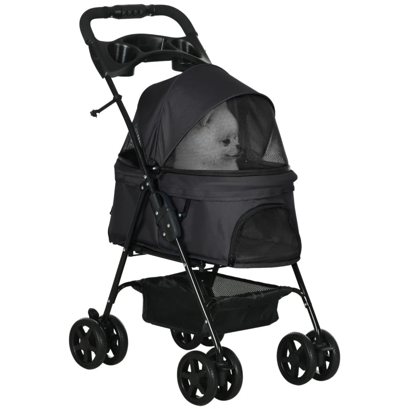 PawHut Pet Stroller, Foldable Cat Dog Pushchair, Pet Travel Carriage with 4 Wheels, Adjustable Canopy, Safety Leashes, Storage Basket and Cup Holder for Small Dogs, Black-0