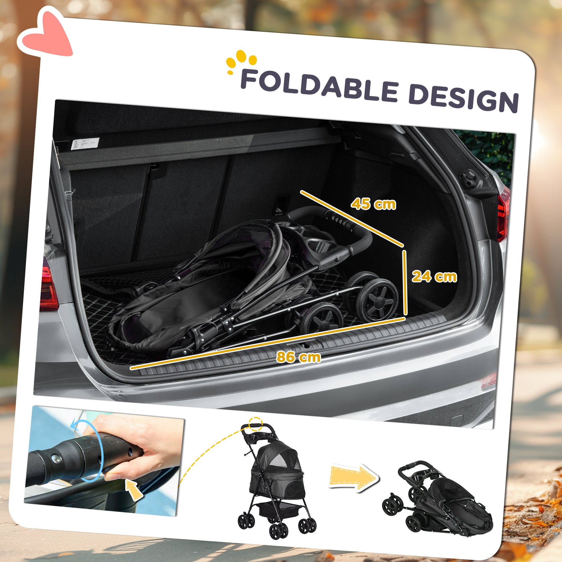 PawHut Pet Stroller, Foldable Cat Dog Pushchair, Pet Travel Carriage with 4 Wheels, Adjustable Canopy, Safety Leashes, Storage Basket and Cup Holder for Small Dogs, Black-3