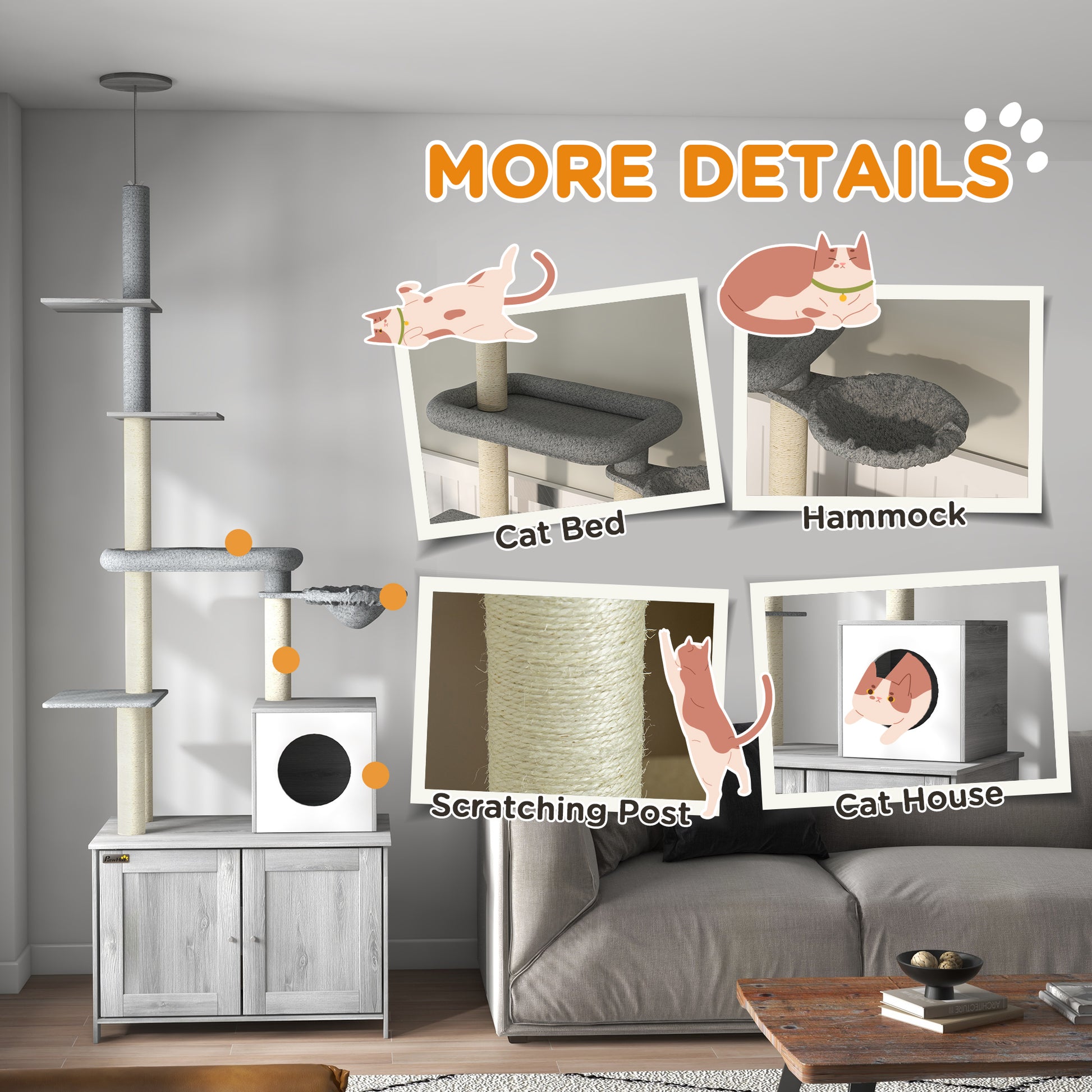 Cat Tree w/ Hidden Litter Box, 2 in 1 Floor to Ceiling Cat Litter Box Furniture w/ Cat House, Bed, Hammock, Scratching Posts | PawHut-3
