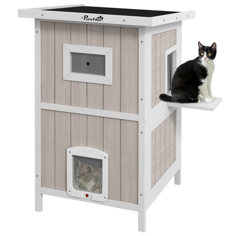 Outdoor 2 Tiers Wooden Cat Shelter w/ Removable Bottom, Escape Doors, Asphalt Roof, for 1-2 Cats - Light Grey | PawHut-0