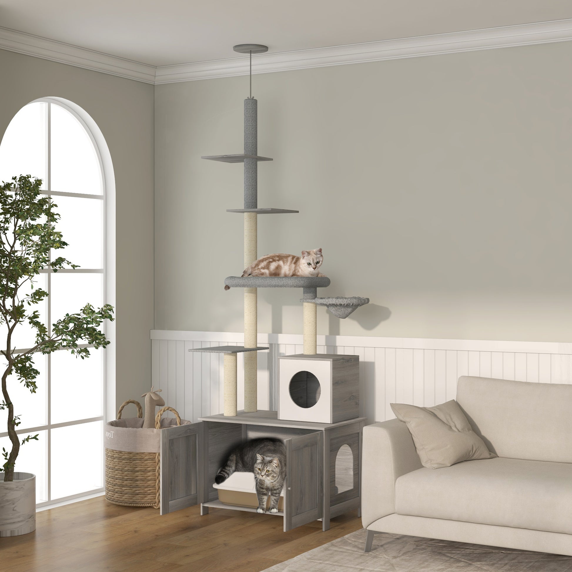Cat Tree w/ Hidden Litter Box, 2 in 1 Floor to Ceiling Cat Litter Box Furniture w/ Cat House, Bed, Hammock, Scratching Posts | PawHut-8