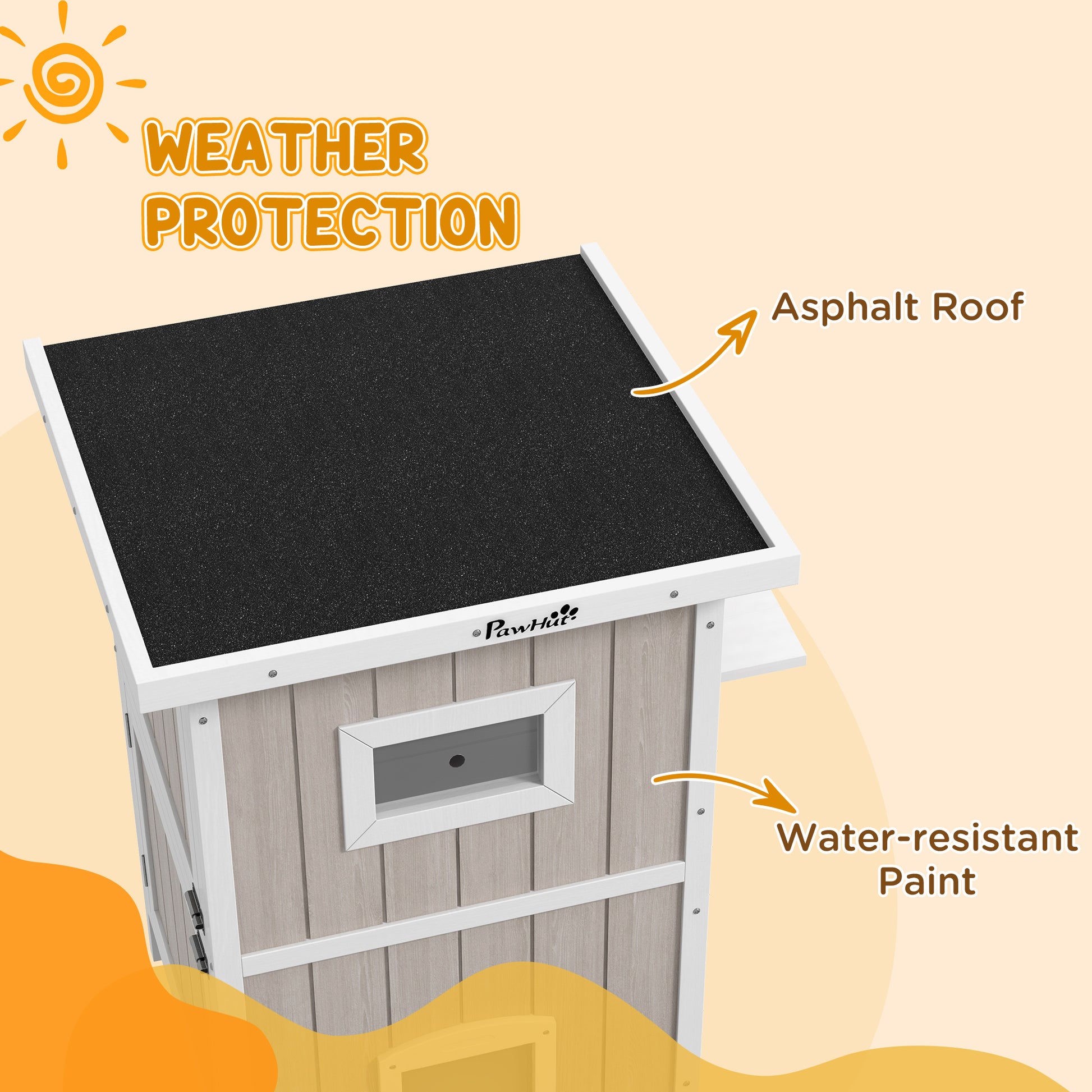 Outdoor 2 Tiers Wooden Cat Shelter w/ Removable Bottom, Escape Doors, Asphalt Roof, for 1-2 Cats - Light Grey | PawHut-4