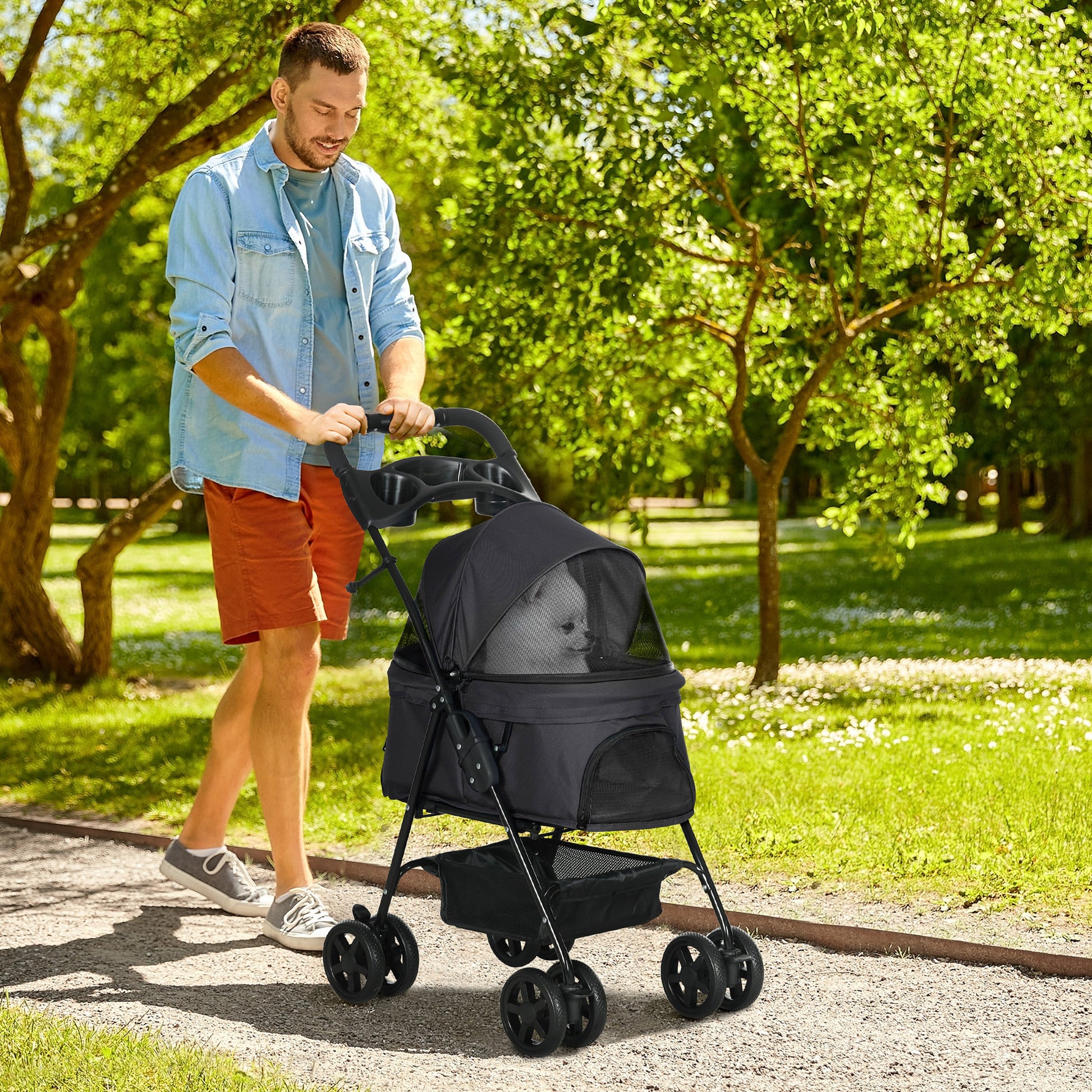 PawHut Pet Stroller, Foldable Cat Dog Pushchair, Pet Travel Carriage with 4 Wheels, Adjustable Canopy, Safety Leashes, Storage Basket and Cup Holder for Small Dogs, Black-8