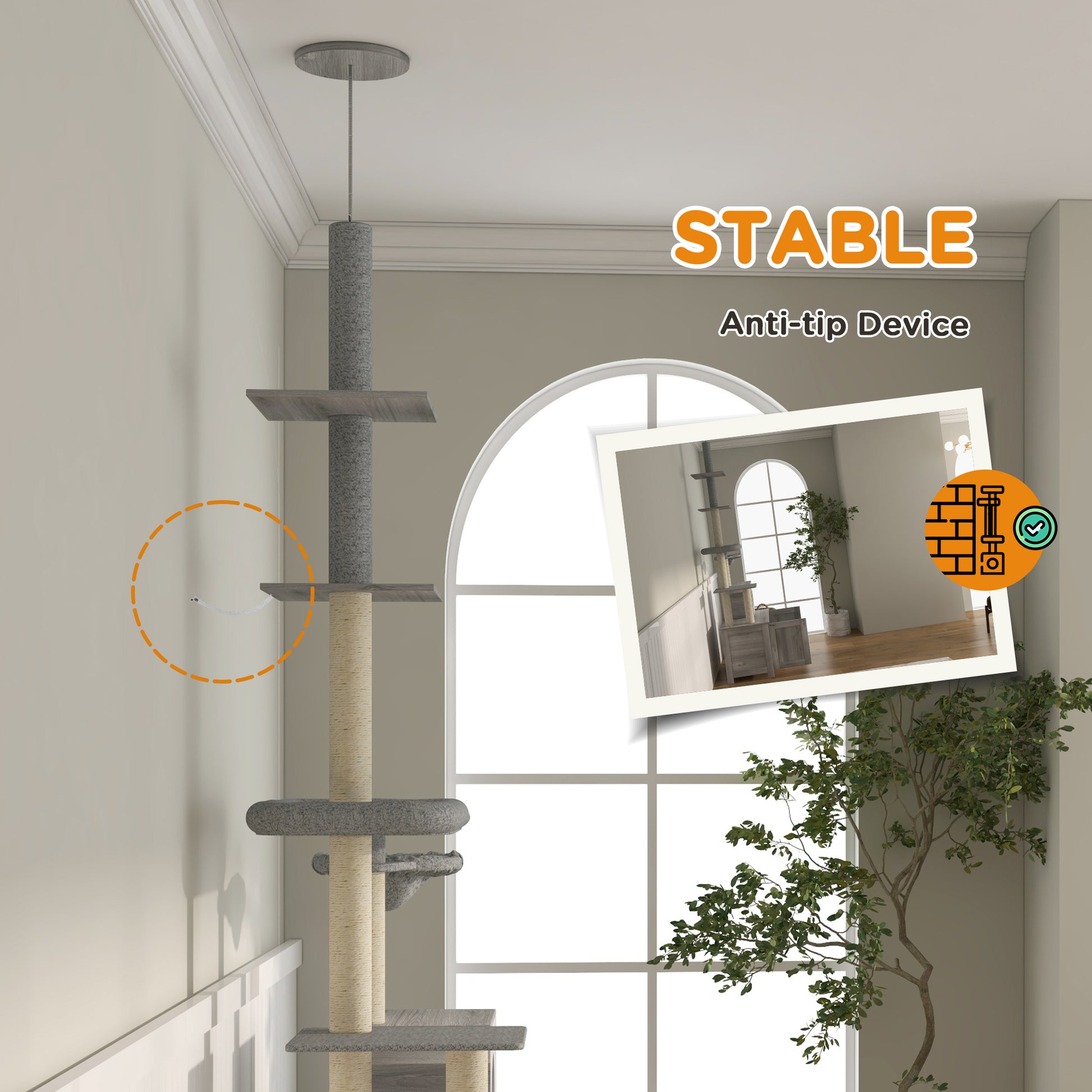 Cat Tree w/ Hidden Litter Box, 2 in 1 Floor to Ceiling Cat Litter Box Furniture w/ Cat House, Bed, Hammock, Scratching Posts | PawHut-5