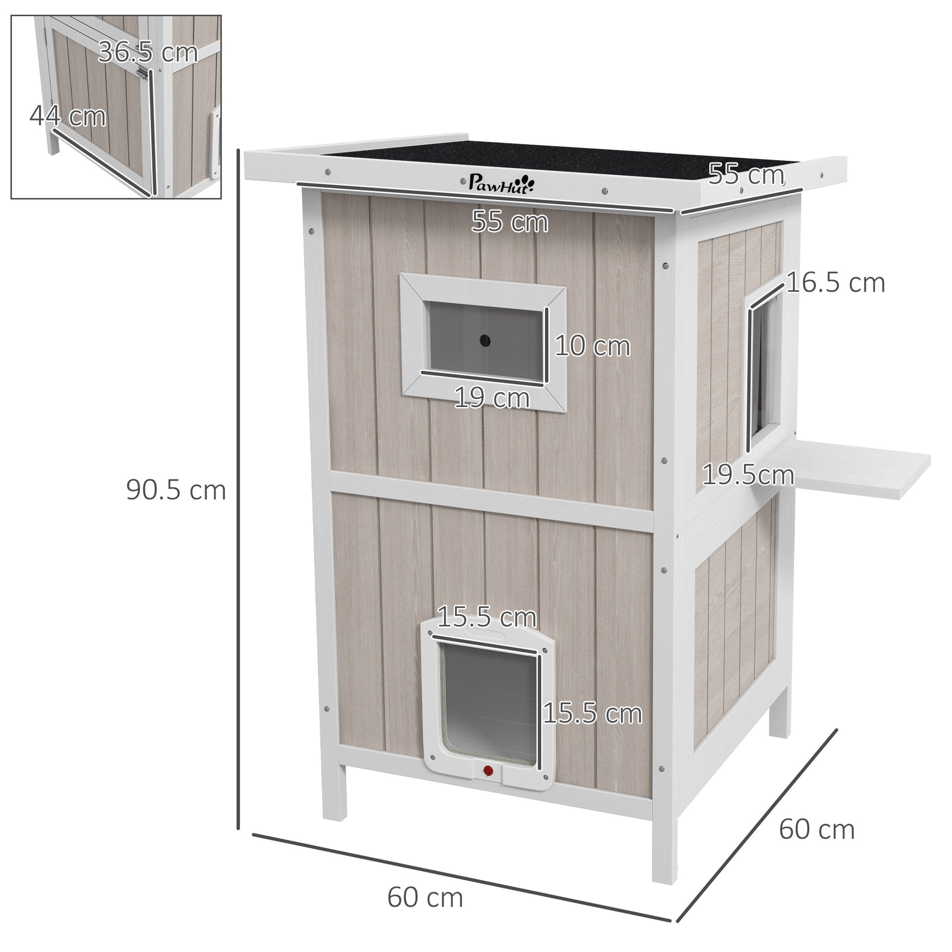 Outdoor 2 Tiers Wooden Cat Shelter w/ Removable Bottom, Escape Doors, Asphalt Roof, for 1-2 Cats - Light Grey | PawHut-1