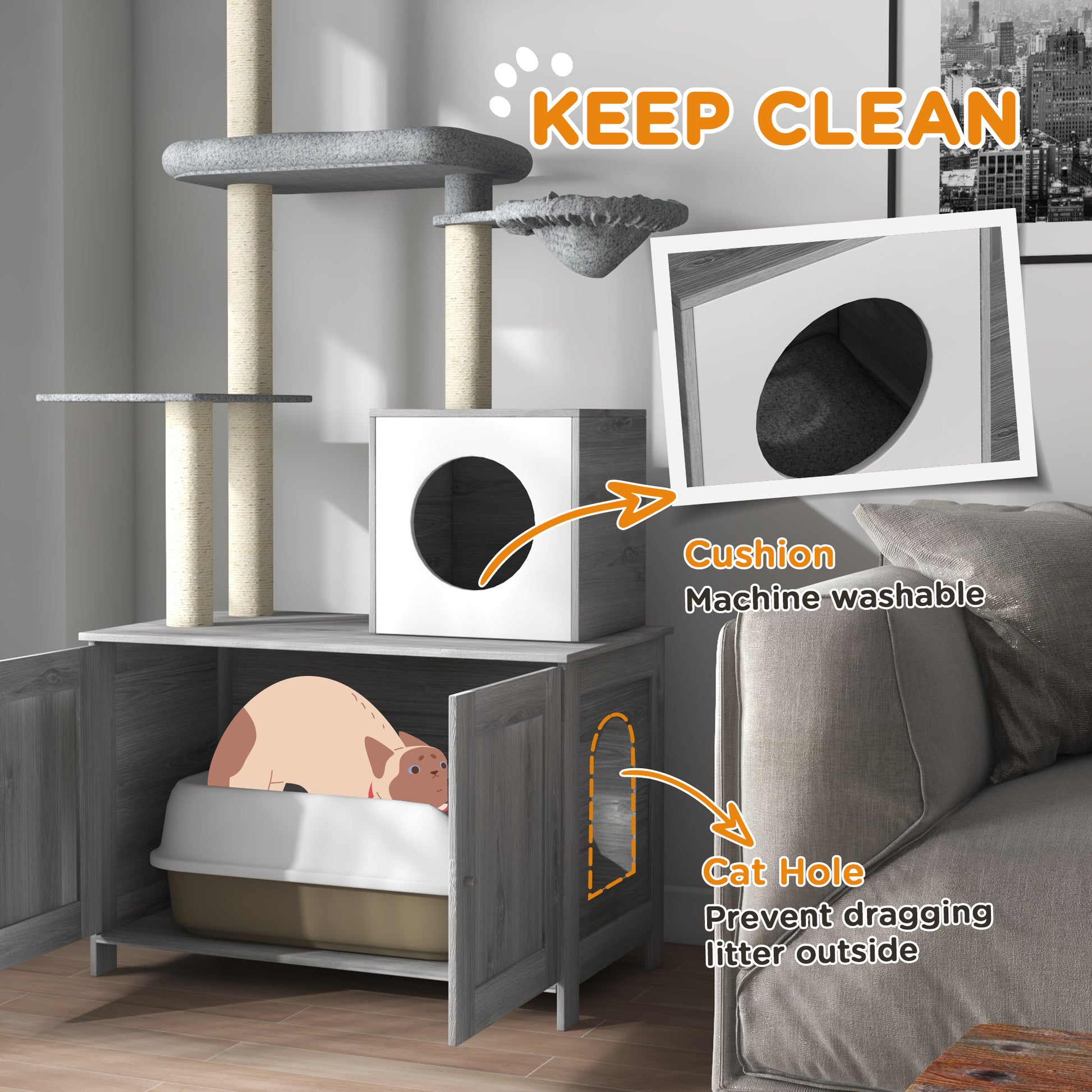 Cat Tree w/ Hidden Litter Box, 2 in 1 Floor to Ceiling Cat Litter Box Furniture w/ Cat House, Bed, Hammock, Scratching Posts | PawHut-4