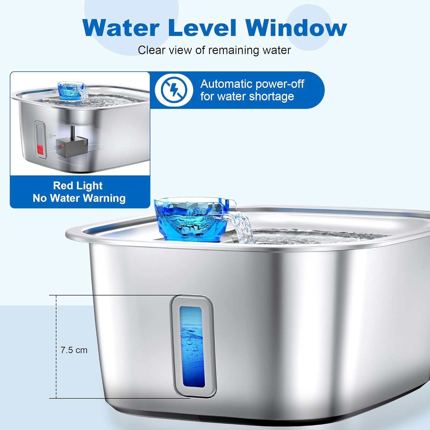 Stainless Steel Dog Water Fountain with Visible Water Level Window for Large Dogs-2