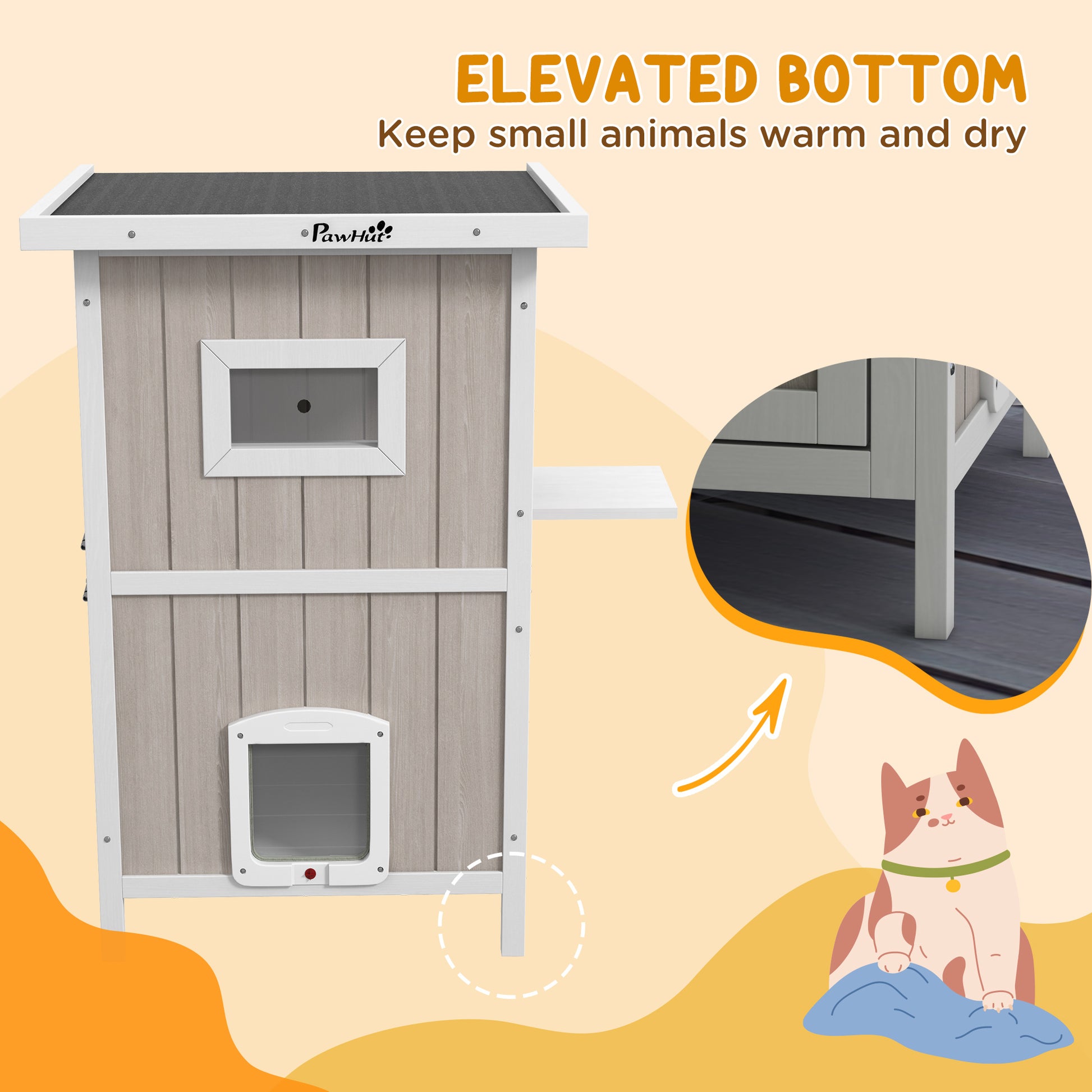 Outdoor 2 Tiers Wooden Cat Shelter w/ Removable Bottom, Escape Doors, Asphalt Roof, for 1-2 Cats - Light Grey | PawHut-6