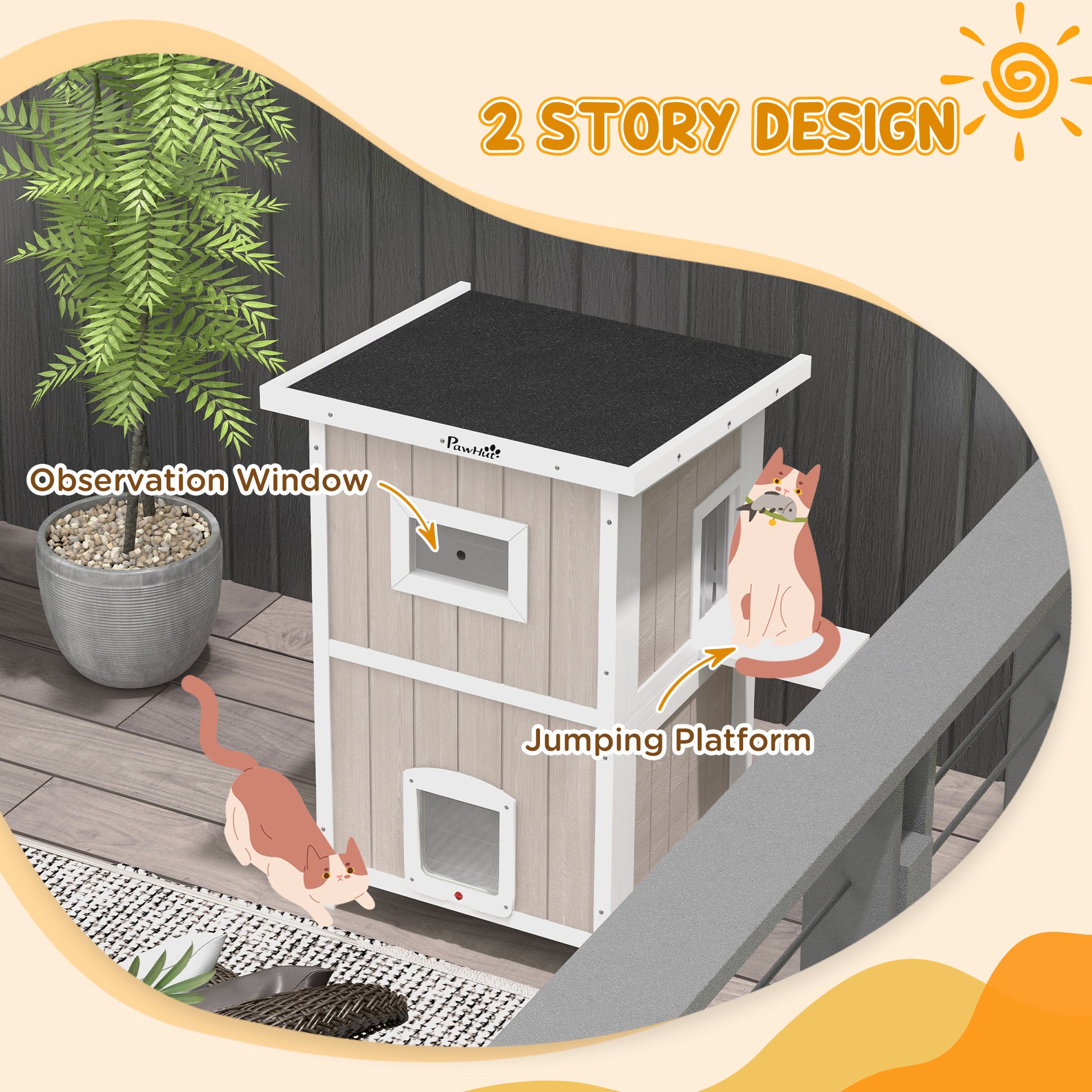Outdoor 2 Tiers Wooden Cat Shelter w/ Removable Bottom, Escape Doors, Asphalt Roof, for 1-2 Cats - Light Grey | PawHut-2