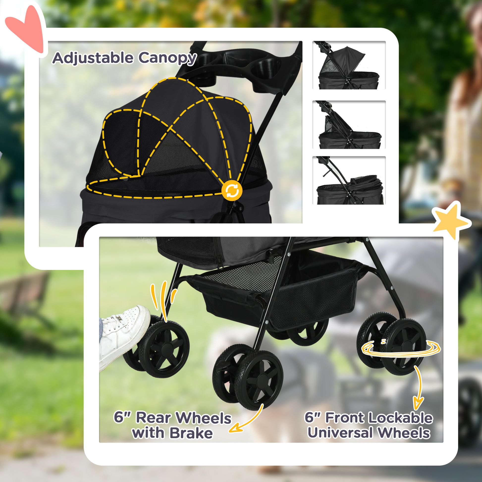 PawHut Pet Stroller, Foldable Cat Dog Pushchair, Pet Travel Carriage with 4 Wheels, Adjustable Canopy, Safety Leashes, Storage Basket and Cup Holder for Small Dogs, Black-4