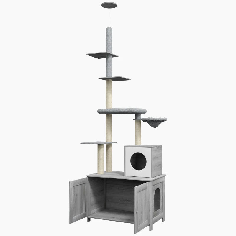 Cat Tree w/ Hidden Litter Box, 2 in 1 Floor to Ceiling Cat Litter Box Furniture w/ Cat House, Bed, Hammock, Scratching Posts | PawHut-0