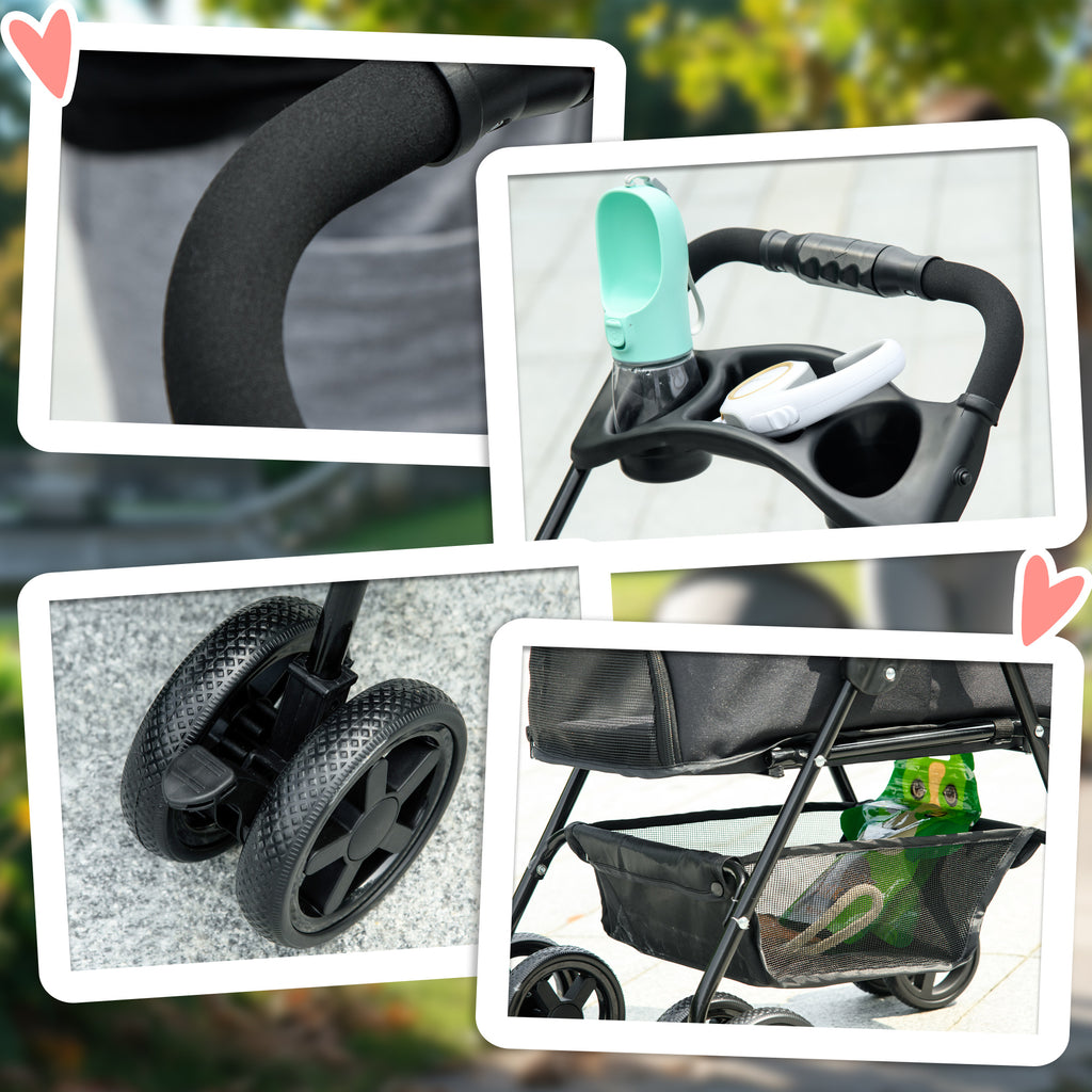 PawHut Pet Stroller, Foldable Cat Dog Pushchair, Pet Travel Carriage with 4 Wheels, Adjustable Canopy, Safety Leashes, Storage Basket and Cup Holder for Small Dogs, Black-6
