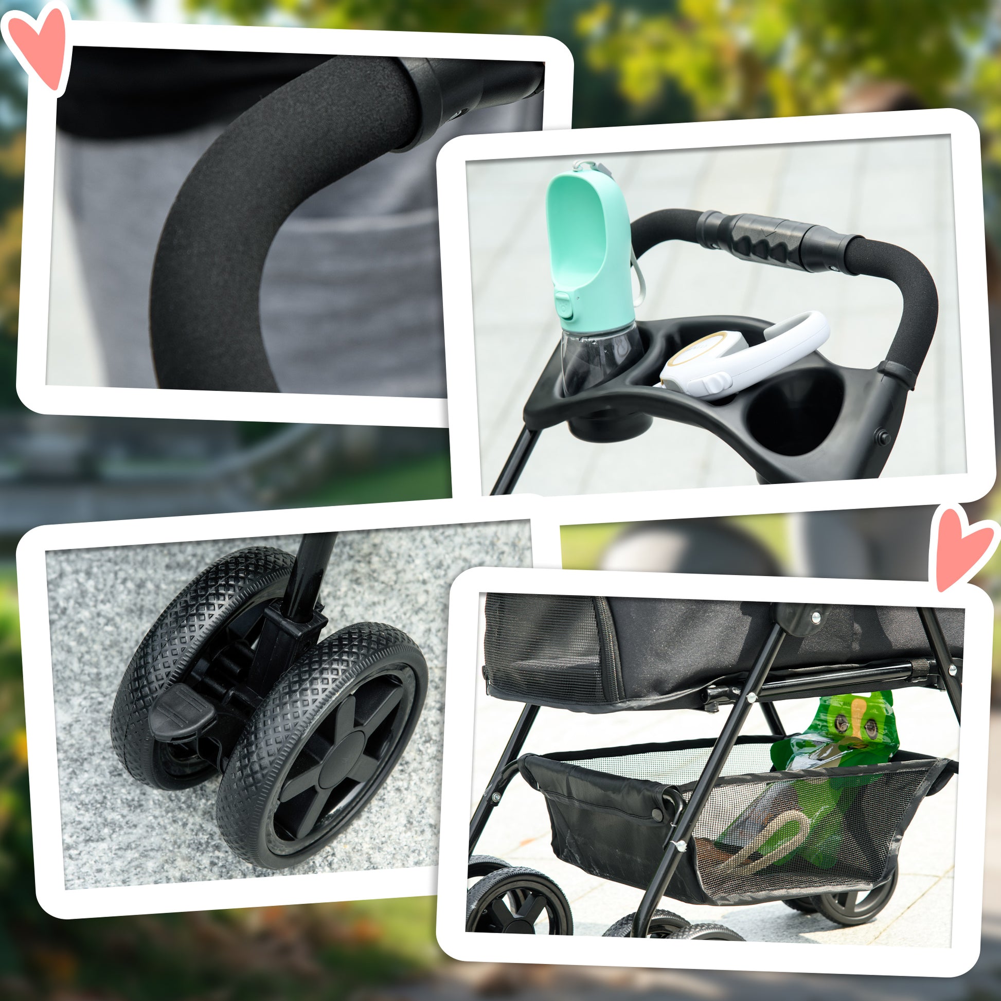 PawHut Pet Stroller, Foldable Cat Dog Pushchair, Pet Travel Carriage with 4 Wheels, Adjustable Canopy, Safety Leashes, Storage Basket and Cup Holder for Small Dogs, Black-6
