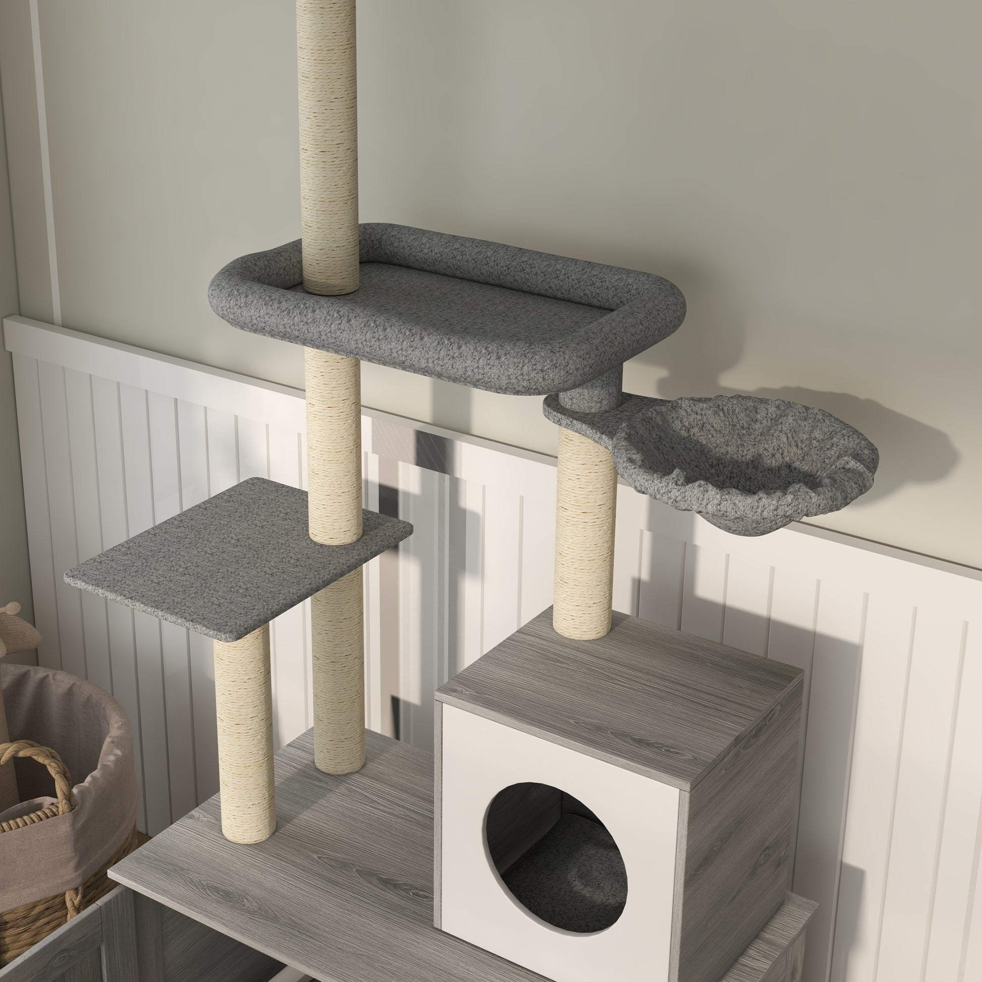 Cat Tree w/ Hidden Litter Box, 2 in 1 Floor to Ceiling Cat Litter Box Furniture w/ Cat House, Bed, Hammock, Scratching Posts | PawHut-6