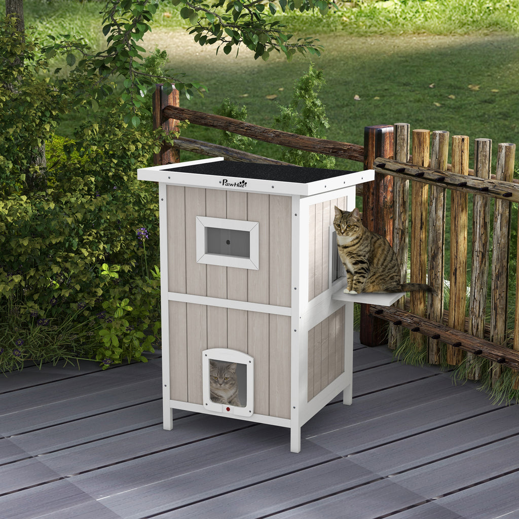 Outdoor 2 Tiers Wooden Cat Shelter w/ Removable Bottom, Escape Doors, Asphalt Roof, for 1-2 Cats - Light Grey | PawHut-8