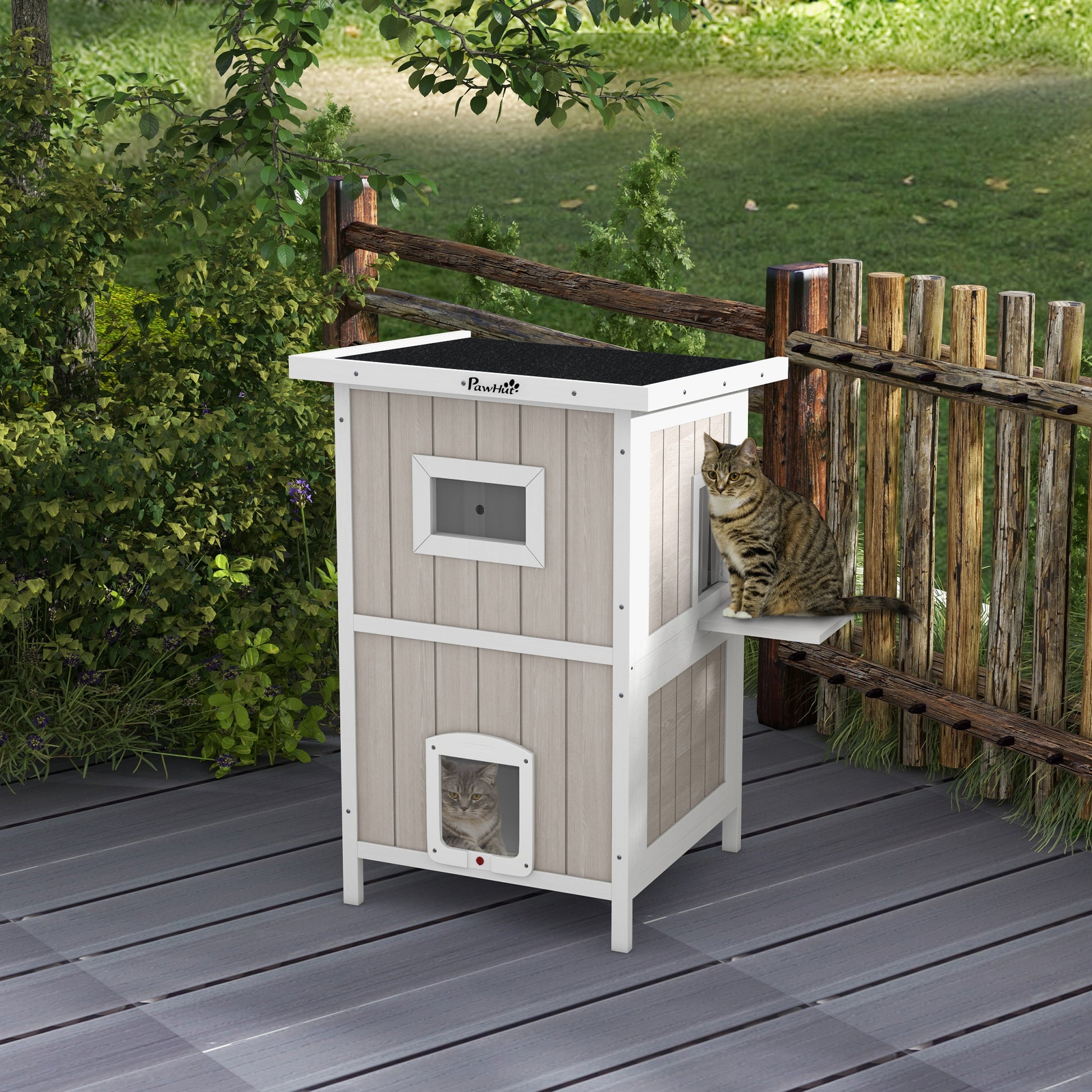 Outdoor 2 Tiers Wooden Cat Shelter w/ Removable Bottom, Escape Doors, Asphalt Roof, for 1-2 Cats - Light Grey | PawHut-8
