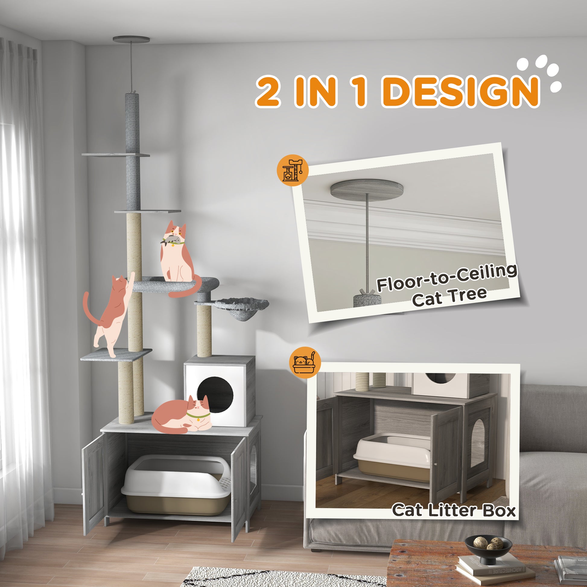 Cat Tree w/ Hidden Litter Box, 2 in 1 Floor to Ceiling Cat Litter Box Furniture w/ Cat House, Bed, Hammock, Scratching Posts | PawHut-2