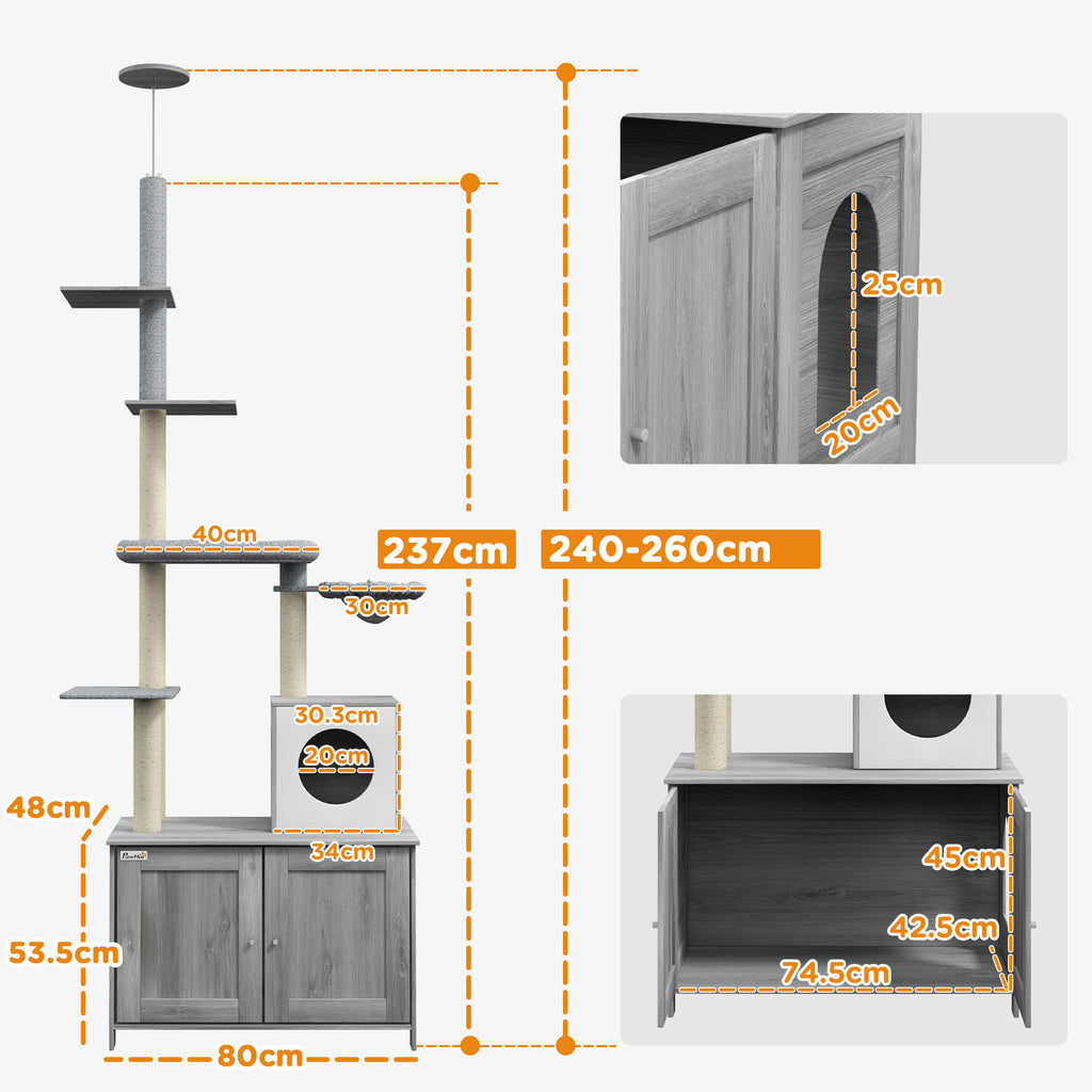 Cat Tree w/ Hidden Litter Box, 2 in 1 Floor to Ceiling Cat Litter Box Furniture w/ Cat House, Bed, Hammock, Scratching Posts | PawHut-1