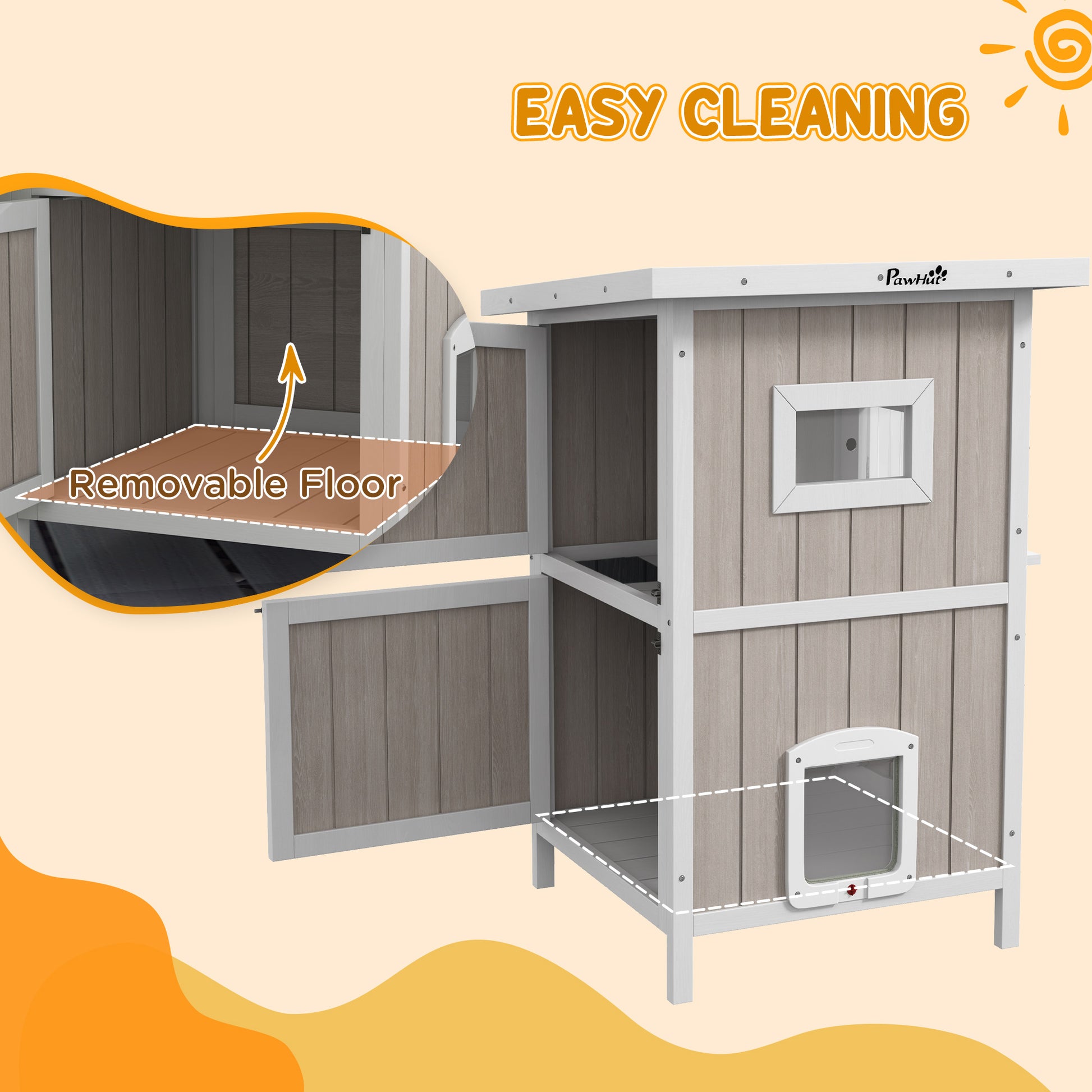 Outdoor 2 Tiers Wooden Cat Shelter w/ Removable Bottom, Escape Doors, Asphalt Roof, for 1-2 Cats - Light Grey | PawHut-5