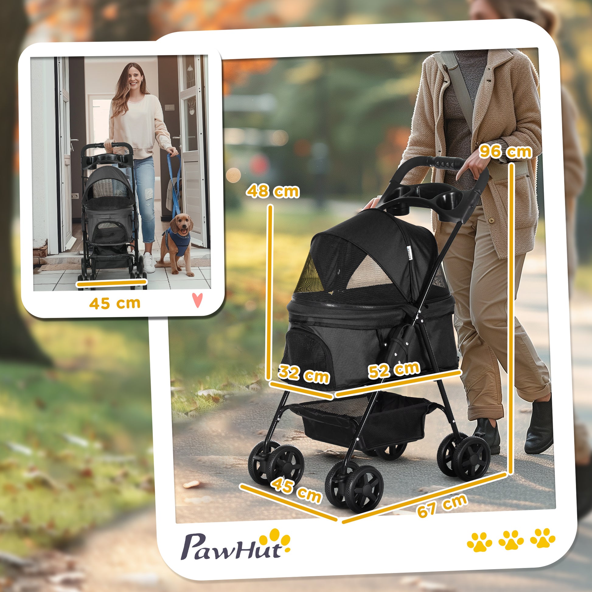 PawHut Pet Stroller, Foldable Cat Dog Pushchair, Pet Travel Carriage with 4 Wheels, Adjustable Canopy, Safety Leashes, Storage Basket and Cup Holder for Small Dogs, Black-1